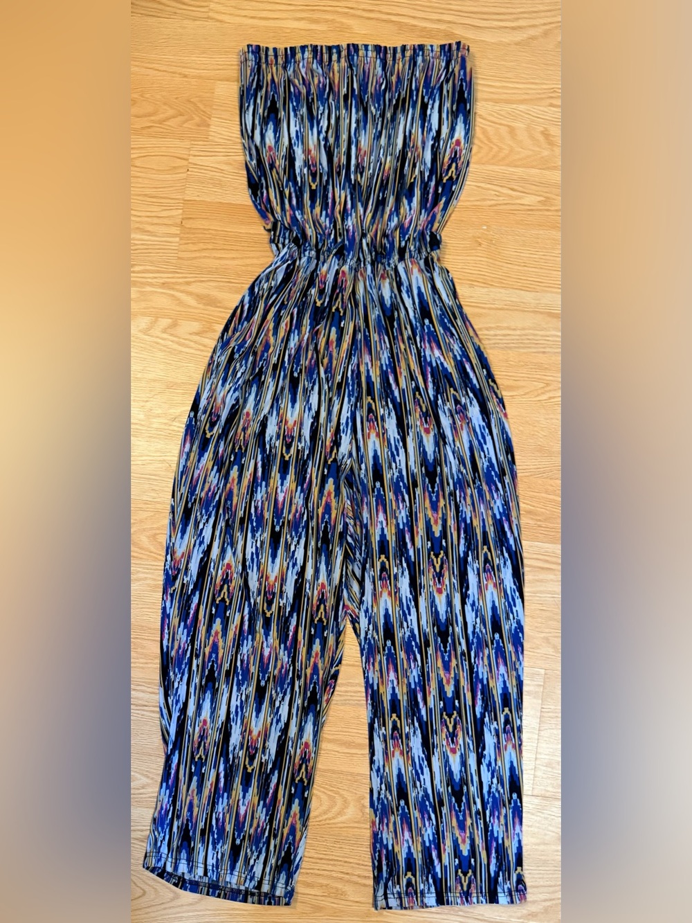 Mlle Gabrielle 2X Strapless Jumpsuit Ikat Boho Wide Leg Pockets Lightweight Sexy